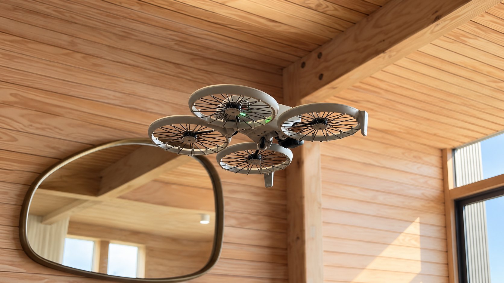 Dron grabando dentro de una cabaña de madera